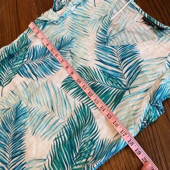 Tahari 100% Linen Palm Leaf Teal Short Dress Womens sz S Casual Tropical Relaxed - Picture 11 of 11
